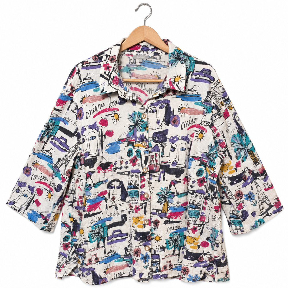 Habitat Button Up Tunic Top Womens Plus Size 2X White Travel Print Art NWT